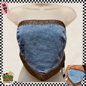 Fashion Nova Texas Rodeo Faux Leather & Denim Bandana Top (Top Only) - Size M